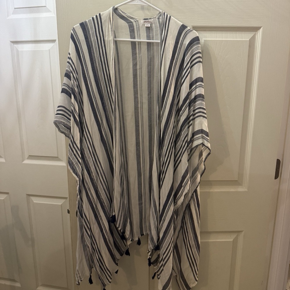 Pinky Boho Festival Kimono One Size Navy Striped Open Tassel Cover Up Beach‎